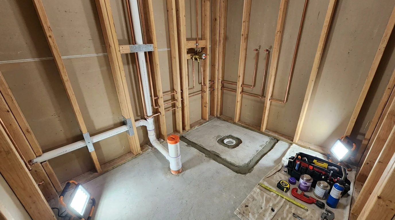 Bathroom rough-in plumbing during remodel by Johns Plumbing LLC in Julian