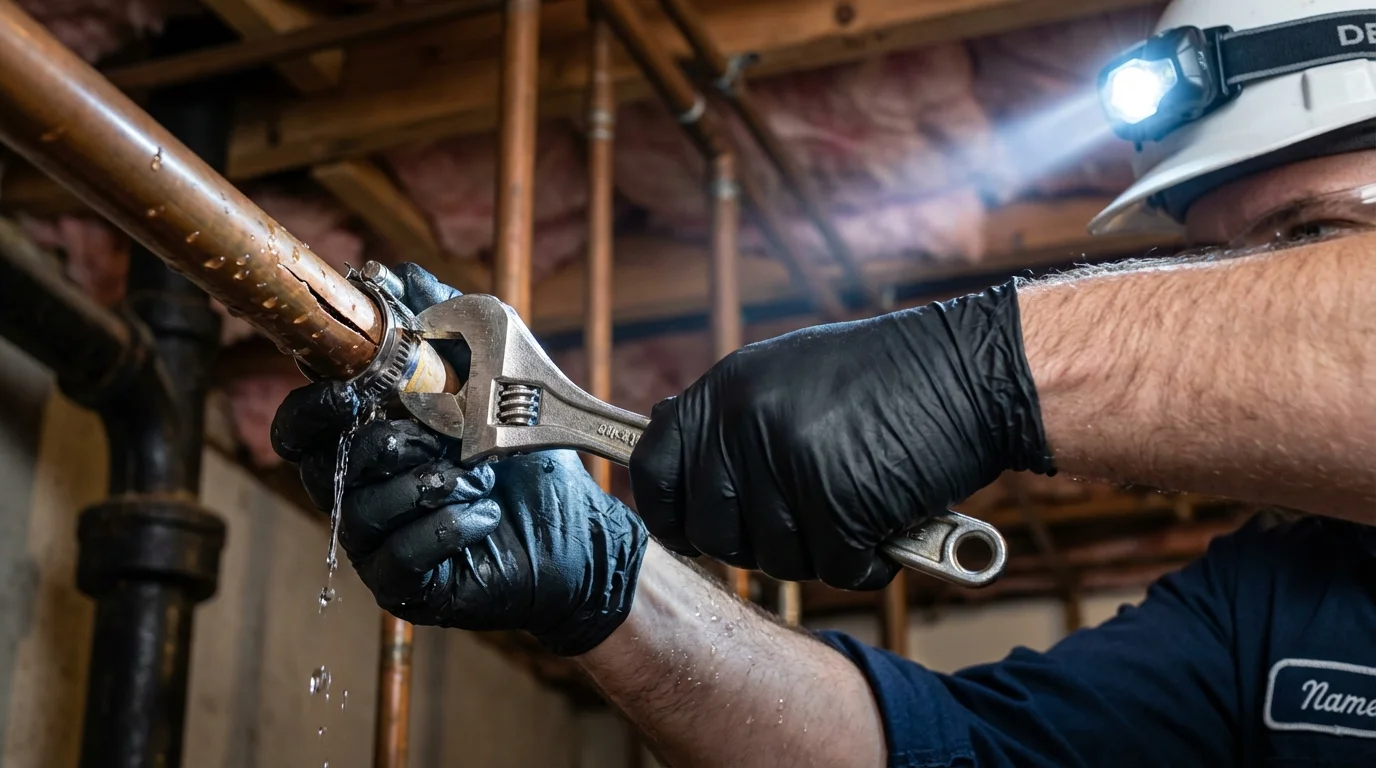Emergency pipe clamp repair being performed by a Johns Plumbing LLC plumber in Julian
