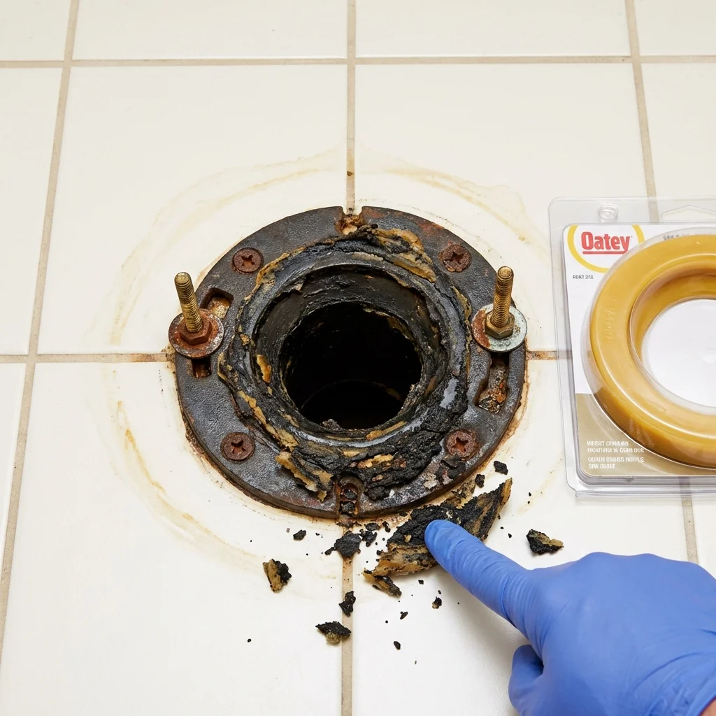 Failed wax ring showing water seepage at the base of a toilet in a Julian, CA home