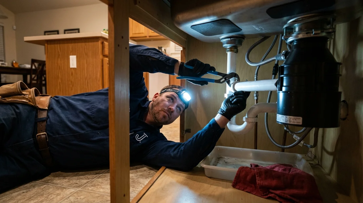P-trap and supply line connections under a kitchen sink showing a common leak point in Julian, CA